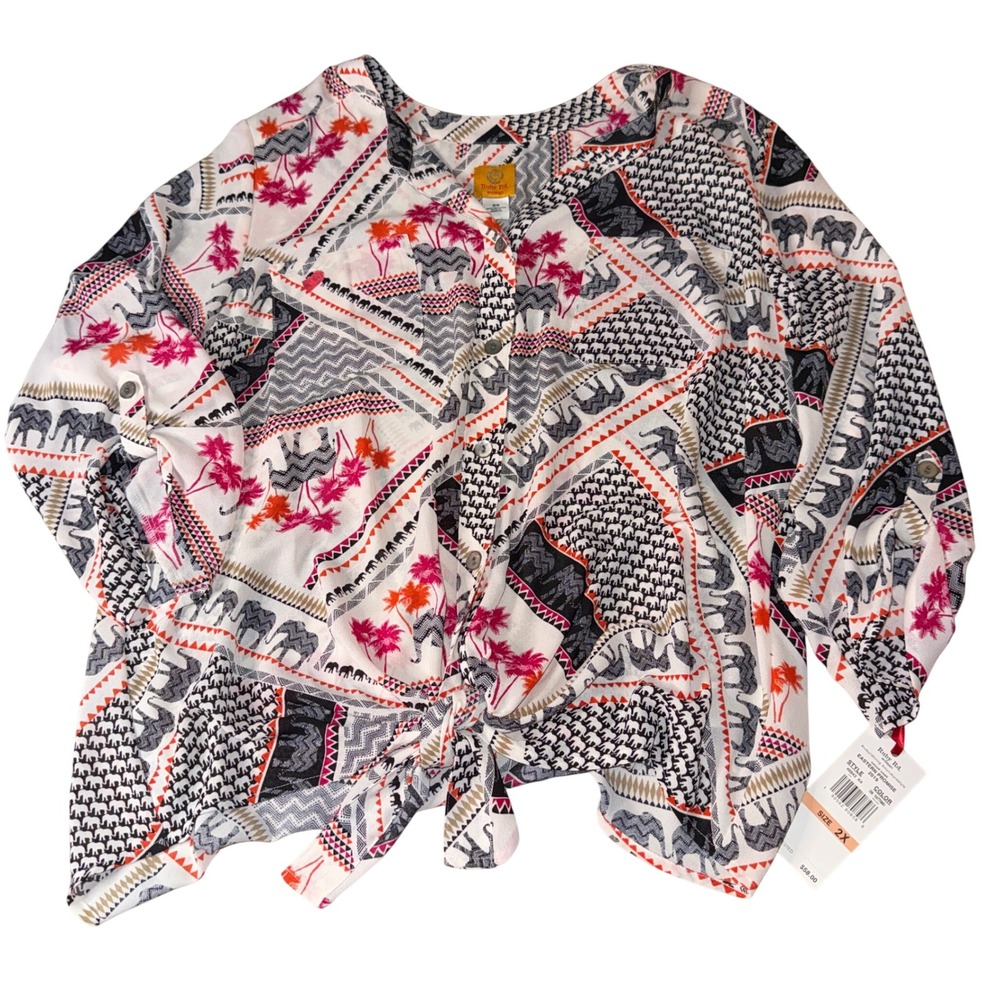 Ruby Rd. Woman Top 2X Eastern Promise Elephant Palm Tree Tie Front Roll Tab NWT